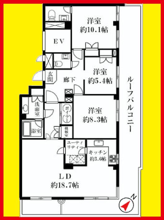 Floor plan. 3LDK, Price 108 million yen, Footprint 109.63 sq m , LDK and the L-shaped balcony of balcony area 47.35 sq m 18.7 Pledge is characterized by