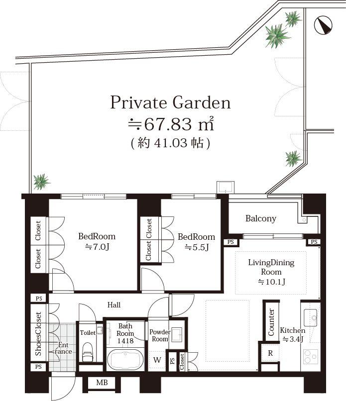 Floor plan. 2LDK, Price 68,800,000 yen, Occupied area 64.13 sq m