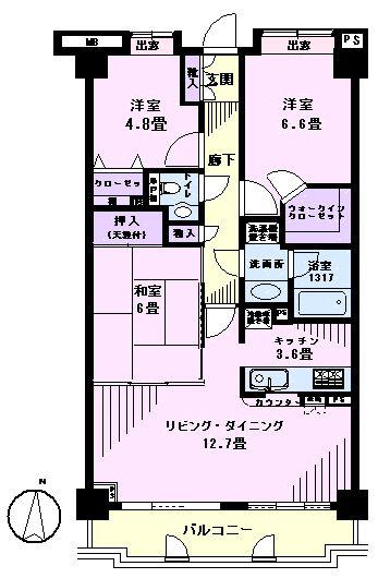 Floor plan. 3LDK, Price 62 million yen, Footprint 76.2 sq m , Balcony area 9.58 sq m