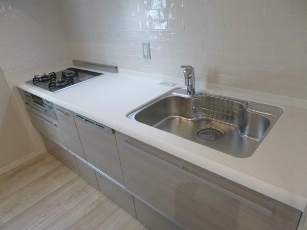 Kitchen. Dishwasher, water filter, System kitchen with the artificial marble top.