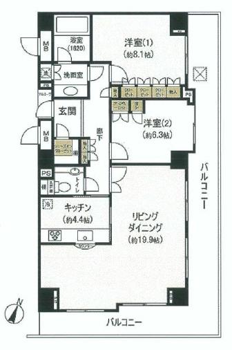 Floor plan. 2LDK, Price 125 million yen, Footprint 91.1 sq m , Balcony area 29.88 sq m