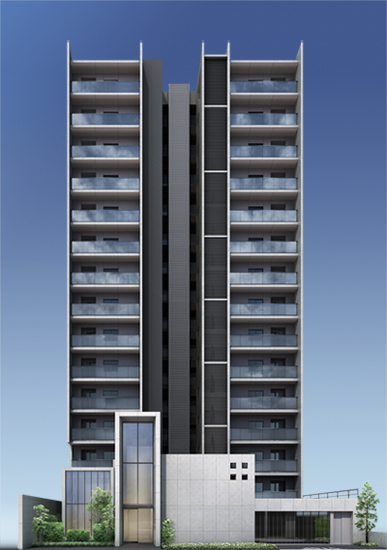 Features of the building.  [Exterior facade of modern taste, which boasts the appearance was as "Rin"] While appearance is taking advantage of the texture of exposed concrete, It adopts the aluminum louver and glass, Pursuit of modern taste. On the wall with highlighting the powerful vertical lines, Configure the rhythmic grid, Accented by sharp edges and slit. Unified whole in the monotone of color, The appearance that dare discharge the ornate decoration, We foster a beauty to hide the surrounding scenery and the clear distinction.