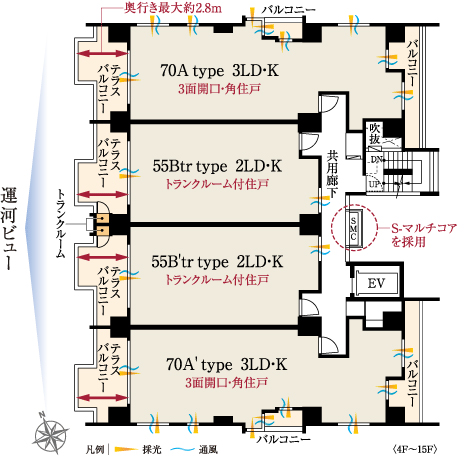 Shared facilities.  [Dwelling unit plan that achieves high habitability] Terrace balcony facing the canal, While bathed in natural wind and light, Space with a view of the waterfront of the landscape. Such as enjoy tea time, You can use as a space filled with relaxation and rest. Corner dwelling unit is three-sided balcony of the plan. It will be the bright living space which pass through the refreshing breeze of nature. For medium dwelling unit balcony, Seasonal ・ It offers a useful trunk room for storage, such as outdoor goods. (4-15F floor conceptual diagram ※ Convenience of on construction ・ It may be slightly changed by such improvements. )