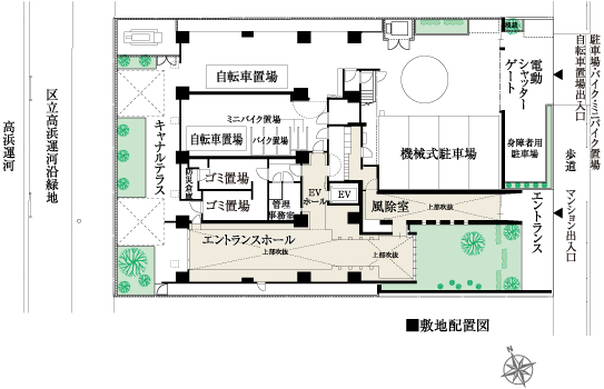 Shared facilities.  [Site layout] 3-layer blow-by ・ On the side of the wind removal chamber of the concrete Uchihanashi is, Produce a restful atmosphere slit windows overlooking the planting. At the tip of the windbreak room, Entrance Hall of the two-tier atrium overlooking the canal has spread through the glass. Comfortable and open space will bring peace to the day-to-day life scene. Also, Overlooking the canal, Also conversation with the guest bouncy resident dedicated "Canal Terrace" was also provided.  ※ Which was raised to draw based on the drawings of the planning stage, shape ・ In fact a slightly different color, etc.. Also, Align the part off-site roads have been Chakuirodori.