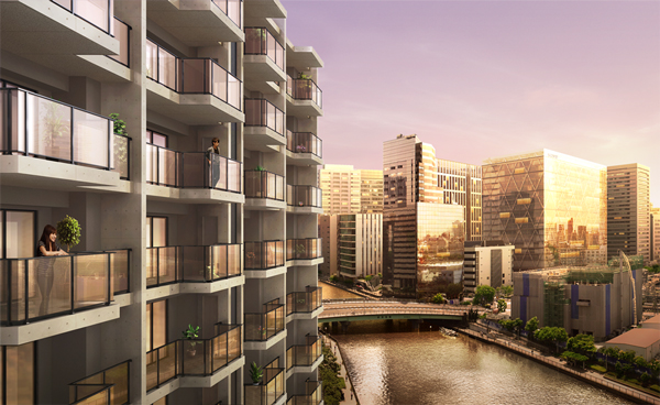 Buildings and facilities. Waterfront all households is a waterfront facing. The charm of the property can be a view of the canal and the city center from a wide balcony. While there is access convenience of the downtown location, It will not have the moisture and tranquility. (Exterior view) ※ CG synthesis building Rendering of the drawings of the planning stage was raised to draw based on the lookout photo from the 12th floor local equivalent (June 2013 shooting) ・ Which was processed, In fact a slightly different.  ※ View, etc. rank ・ It varies by each dwelling unit, Surrounding environment ・ View might change in the future.