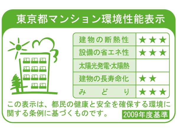 Building structure.  [Tokyo apartment environmental performance display] Mansion environmental performance display system is, Large-scale new construction ・ By providing information about the environmental performance of the extension such as the apartment towards the purchase plan, Mansion expansion of choices that are friendly to environment ・ Improvement of evaluation in the market ・ It is a system to encourage the efforts of the owner of the voluntary environmental considerations. "Thermal insulation of buildings.", "Equipment of energy conservation.", "Solar power ・ Solar thermal ", "The life of the building.", About five items of "green", Evaluated by an asterisk (), Displays on the label.  ※ For more information see "Housing term large Dictionary"