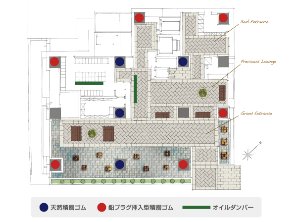 earthquake ・ Disaster-prevention measures.  [Seismic isolation system layout drawing] The center of seismic isolation device as "laminated rubber" multiple damper, It is properly positioned by the structure calculation. (Arrangement conceptual diagram)