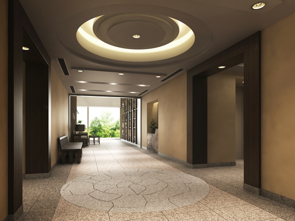 Shared facilities.  [Entrance Rendering] Entrance hall, Precious space to determine the first impression of the dwelling. As hospitality to visitors is securely transmitted, It was elaborately fine taste. On the floor, Using the natural stone, Directing the elegance and magnificent. further, By applying a circular design to the center, It expressed the artistic expression with change.