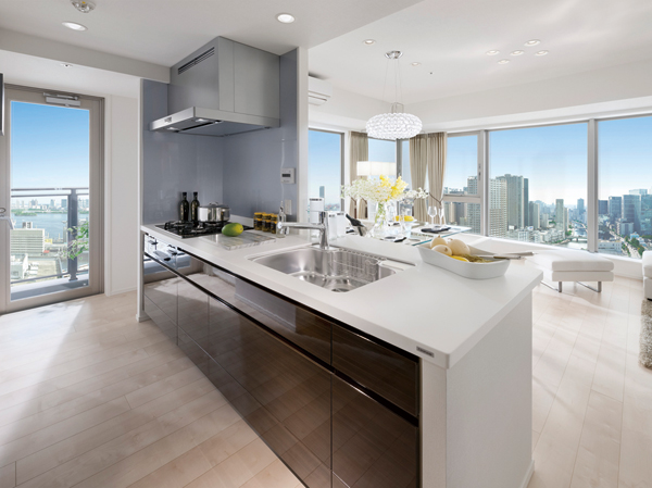 Kitchen.  [Artificial marble countertops] The counter top, beautifully, Also adopted an easy artificial marble maintenance. It will produce the upscale kitchen. In range hood, To produce beautiful interior of the kitchen space, Adopt a sharp square design. Other, Single lever shower faucet, such as a built-in stove front panel and water purification cartridge, Well equipped of enhancement.