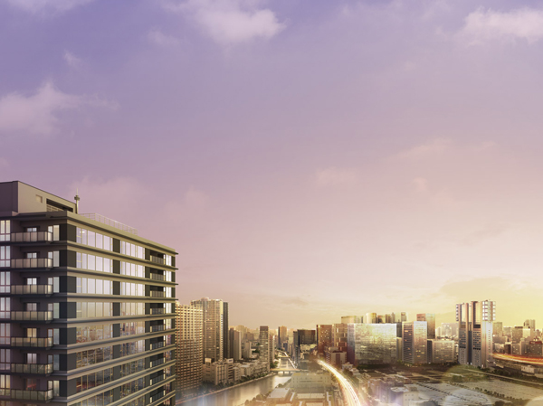 Features of the building.  [appearance] Beautiful night view enjoyable to be Tower unique as interior. (Rendering) ※ CG building Rendering of the drawings of the planning stage was raised to draw based on the lookout photo from the 27th floor equivalent than local (February 2011 shooting) synthesis ・ Which was processed, In fact a slightly different. Also around photos ・ View might change in the future.