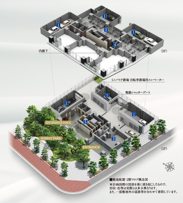 Common utility.  [Common facilities to comfortably support the urban life] (1) Parking / Installing an electric shutter gate in the doorway. (2) Bike storage ・ Mini bike shelter / Relief without the crime prevention is exposed to high wind and rain. (3) waste yard / First floor to allow out 24 hours garbage (except coarse dust) installation garbage yard. (4) clean station / 2 ~ Installing a clean station to the 30th floor of each floor. (5) home delivery BOX ・ E-mail Corner / It receives a courier of luggage that arrived when you are in absence, 24-hour home delivery box that can be taken out at any time. (Site placement ・ Second floor conceptual diagram)