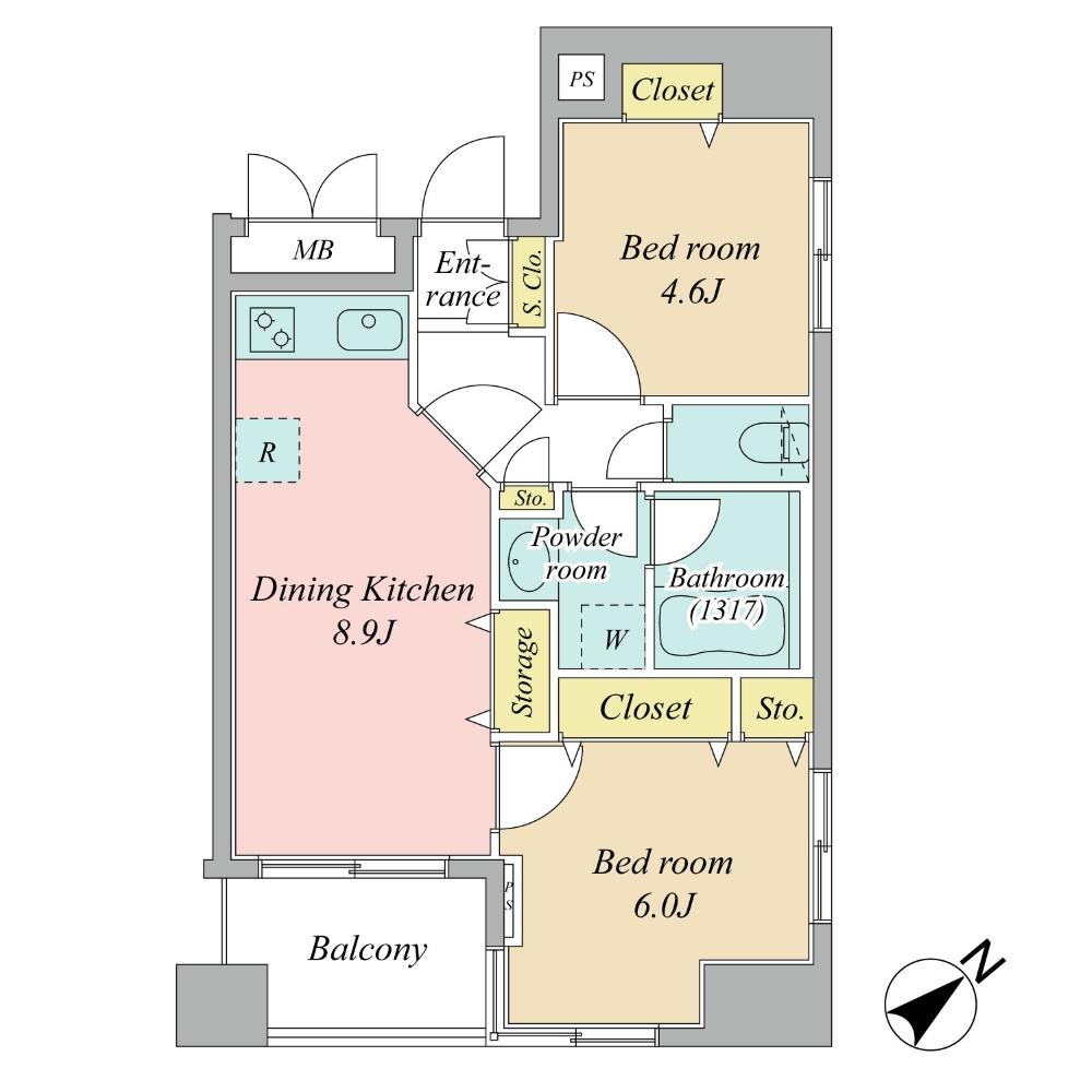 Floor plan. 2DK, Price 41,800,000 yen, Occupied area 47.28 sq m , Balcony area 4.59 sq m