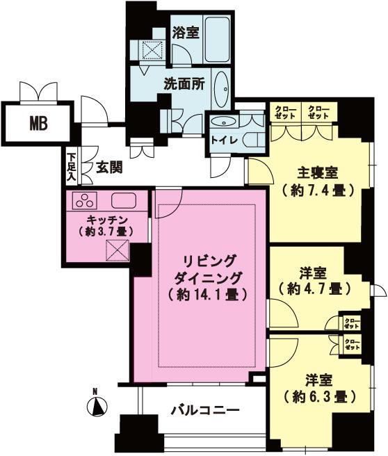 Floor plan. 3LDK, Price 89 million yen, Occupied area 85.16 sq m , Balcony area 7.63 sq m