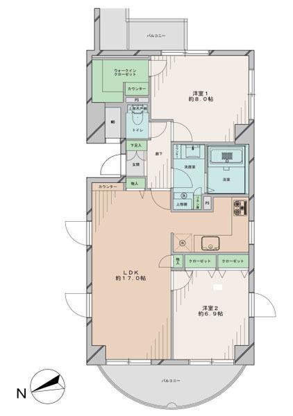 Floor plan. 2LDK, Price 58,800,000 yen, Occupied area 73.12 sq m , Balcony area 9.41 sq m