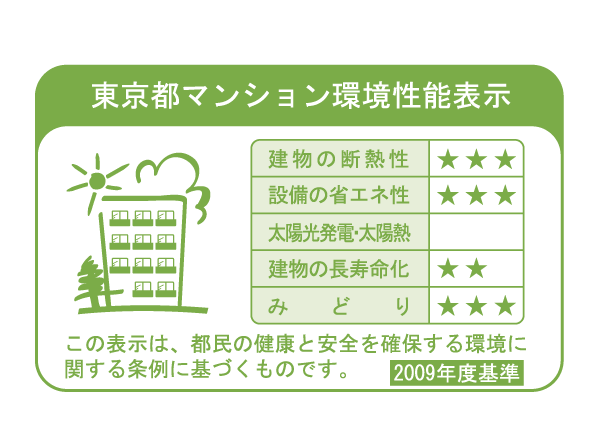 Building structure.  [Tokyo apartment environmental performance display] Based on the efforts of the building environment plan that building owners will be submitted to the Tokyo Metropolitan Government, 5 will be evaluated in three stages for items.  ※ For more information see "Housing term large Dictionary".