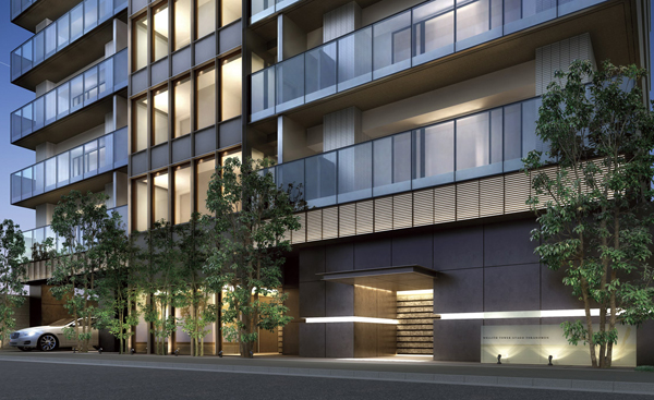 Shared facilities.  [Entrance Rendering] Weaving exquisite contrast white tiles and a balcony glass, It is a sophisticated impression of building design reminiscent of the shoji, a traditional Japanese. Following the center of the communication window sash, which is provided to the opening of the elevator hall is up to the top floor, As if it has become a strong accent, such as a curtain wall. Arranges the weather resistance steel plate in large format on the first floor part, It is heavy look.