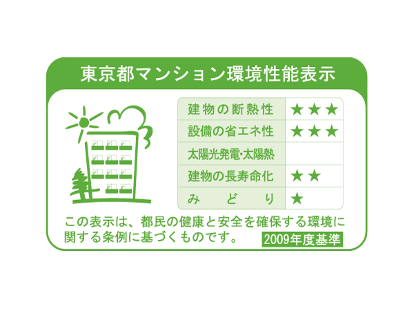 Building structure.  [Tokyo "apartment environmental performance display system."] To large-scale new construction or extension condominium sales advertising, "Thermal insulation of buildings.", "Equipment of energy conservation.", "Solar power ・ Solar thermal ", "The life of the building.", It is a system that requires the display of a label indicating the five environmental performance of "green".  ※ For more information see "Housing term large Dictionary"