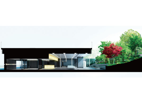 Shared facilities.  [The lounge front "green bath of the company". Frog painted scenery in seasons season] Once inside one step building, There is a flow line continuing to be drawn into the nature of the landscape. It enters the entrance, To lounge promote walking and to the earlier "Mori of green bath" is spreading. To three-dimensional city of Du that take advantage of the ups and downs of the land, It has arranged a variety of trees. Look at the four seasons, And migratory the Du petting and green, Enrich the mind. Create a natural luxury that can be enjoyed by people of residents. (Building a shared cross-sectional schematic diagram)