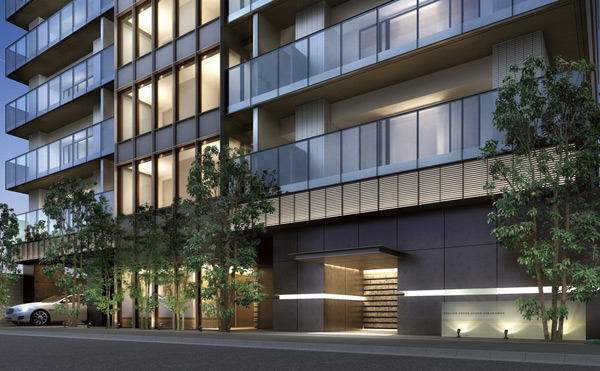 Buildings and facilities. Weaving exquisite contrast white tiles and a balcony glass, It is a sophisticated impression of building design reminiscent of the shoji, a traditional Japanese. (Entrance Rendering)