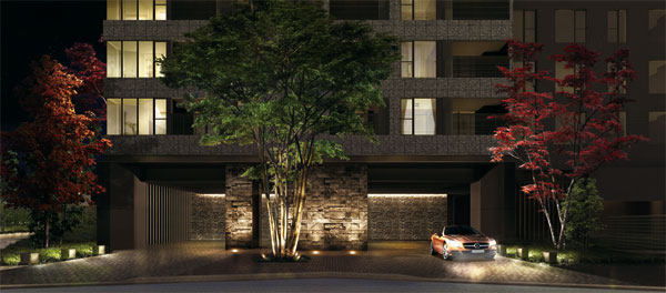 Shared facilities.  [There is in contact with the City, Design of precisely because boundary] The main entrance to avoid the large outer garden west street crowded and cars Road, We chose the west side of the building. Providing a carriage porch which gave depth, We consider the privacy. (Entrance Rendering)