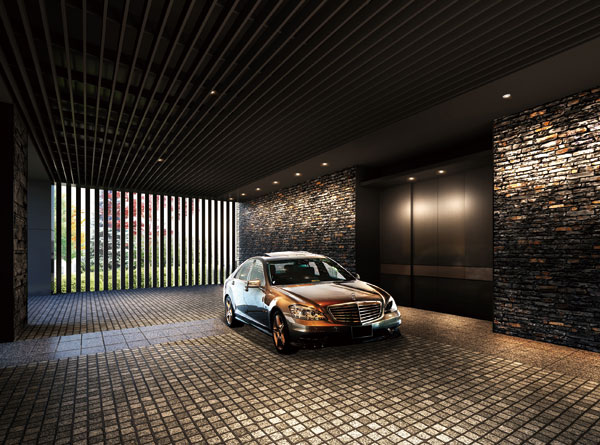 Shared facilities.  [Set back from the street, Texture rich main entrance] It arranged three kinds of black natural stone to the main entrance, which was set back from the front street, Produce a profound feeling. By also be used in combination with steel material, With differentiated accent to space. Through the era, It has become a more taste deepen design. (Porte-cochere Rendering)