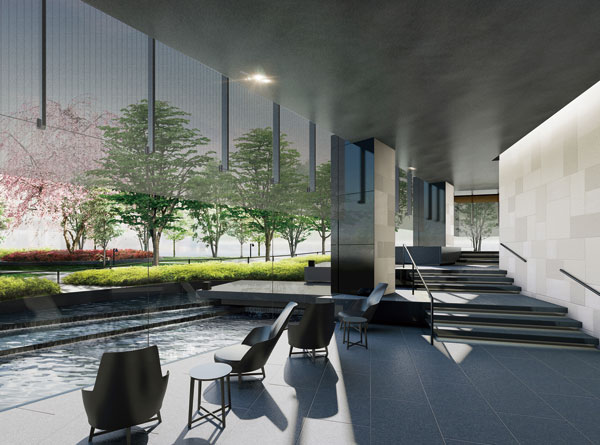 Shared facilities.  [A beautiful spread of sight, Entrance lobby] In the corridor extending from the sub entrance to the entrance lobby is, Step is provided, We give rhythm to the space by providing a height difference. When you get off the step, Beyond the beautiful glass surface, Spread open gardens and the basin is, Healing of space greets. (Entrance lobby Rendering)
