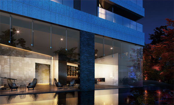 Shared facilities.  [Is when fine, Start flow] Entrance lobby ・ Entrance Lounge, Creating a spread of space to the wall one side and glazed. Feel no distance the surface of the water from the floor, Open garden and space that has become integral, Owners and guests who only, It offers a high-quality relaxation. The surface of the water and rich green that flows gently night, It will be displayed beautifully in the opening with a spread. (Entrance lobby / Entrance lounge Rendering)