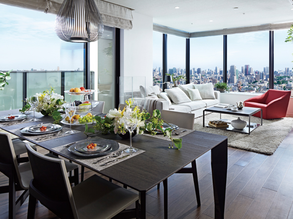 Living.  [living ・ dining room] Haisasshi in space with 2.6m more than the ceiling height, It grants an overwhelming sense of openness nestled the view counter.  ※ Model Room 110-P type (local 27th floor equivalent than Yes by combining the northeast direction of view photo (March 2012 shooting) slightly different from the actual. Some paid option ・ ColorSelect ・ Including menu plan. Application deadline There)