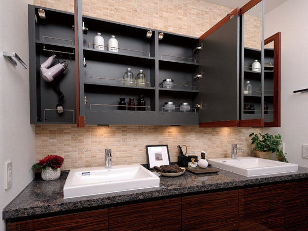 Bathing-wash room.  [Multi-functional vanity] Three-sided mirror with a cabinet. In storage space, Dryer hook, It features a charging outlet, etc.. (Same specifications)