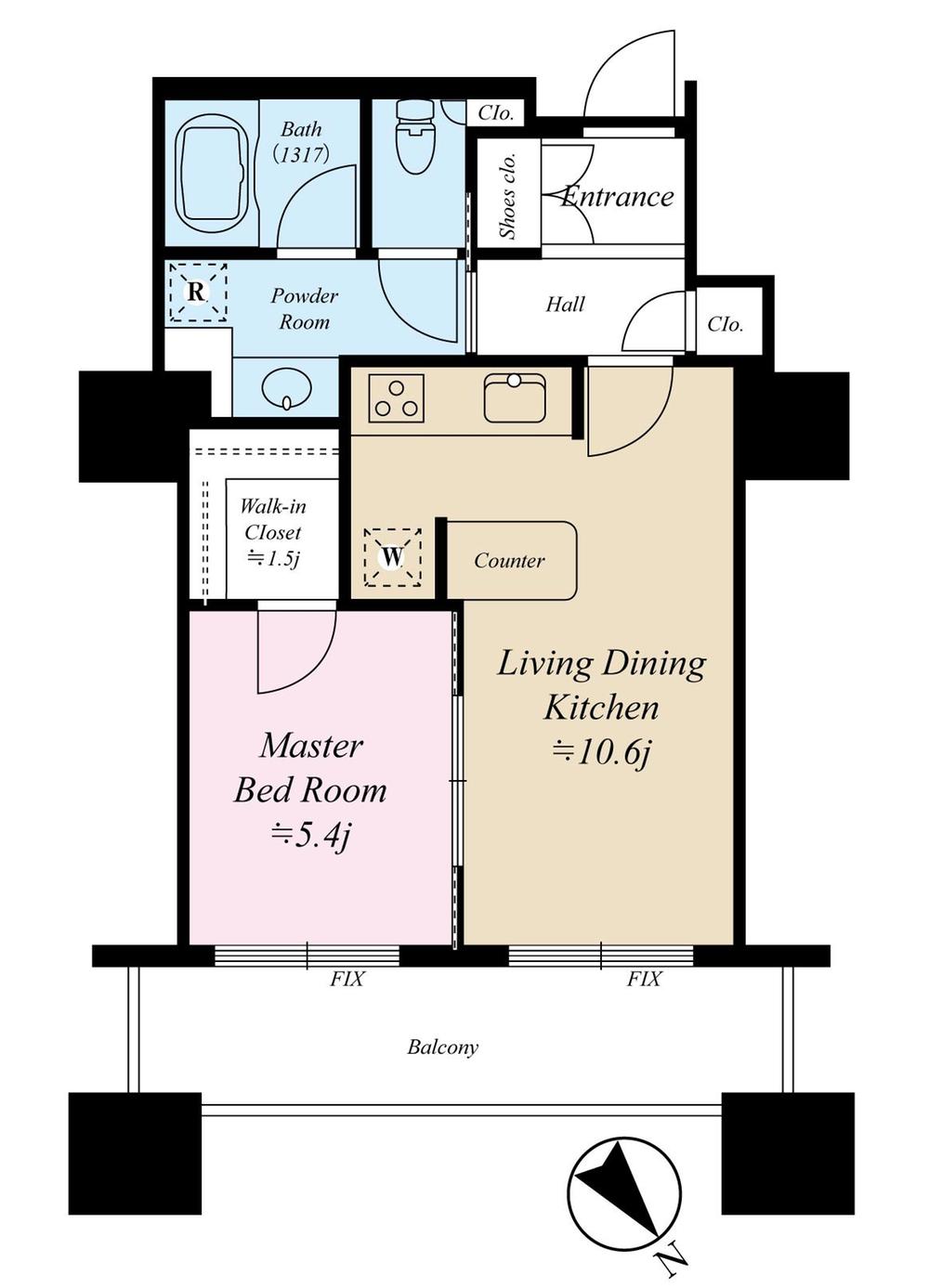 Floor plan. 1LDK, Price 59,800,000 yen, Occupied area 41.98 sq m , Balcony area 7.62 sq m