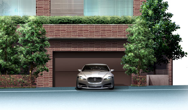 Security.  [Remote-controlled shutter gate] Installing a shutter that can be operated by remote control in the parking lot entrance. Also solid consideration to the security of the vehicle. (Rendering)