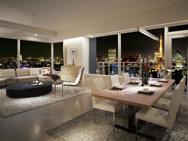 Living.  [Living and dining that night view spreads] Because there is no building to block the view immediately beside, Open view from the upper floors. (E-160B type) ※ Local 39th floor equivalent of view which was subjected to the synthesis and processing in (November shooting 2007), slightly different and practice. In addition, the view depends on the dwelling unit.