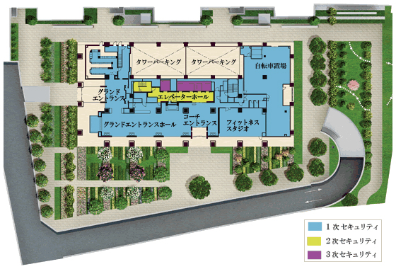 Security.  [Triple auto lock system] Adopt a triple auto lock incorporating a "non-touch key system". Admission of residents with non-touch key, Release the auto lock in simply by waving. Also established the auto lock the elevator hall entrance, Visitors visited floor elevator Chakuyukakai, Residents will be limited to a specific floor. (Conceptual diagram)
