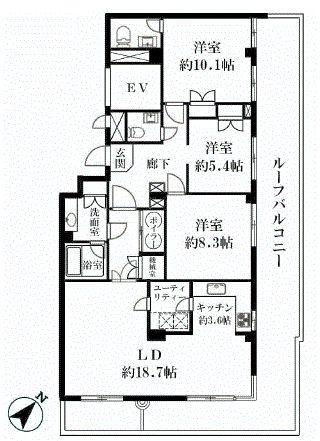 Floor plan. 3LDK + S (storeroom), Price 108 million yen, Footprint 109.63 sq m , Balcony area 47.35 sq m area occupied 100 square meters or more top floor, Yang per in the southeast northeast corner dwelling unit ・ View ・ Ventilation good