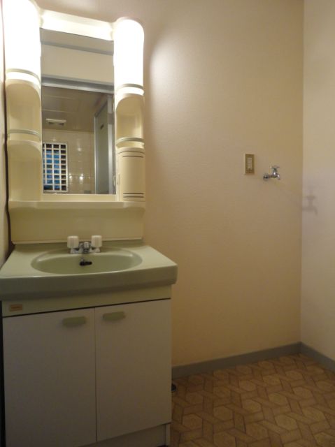 Washroom. Washing machine storage and wash basin in the dressing room