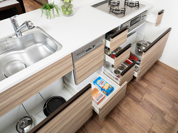 Kitchen.  [Slide storage] Adopted the opening and closing of the drawer is a smooth slide storage. It can comfortably out to not bend down big pots and pans. (Same specifications)