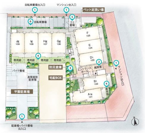Features of the building.  [Site layout] 1: Approach walk car separation in consideration of the safety 2: excellent in crime prevention, Double security system 3: add the time of rest in the entrance hall, Courtyard space 4: set up a private garden of the detached sense first floor dwelling units 5: it is discarded without worrying about the time, 24 hours garbage disposal OK6: secure bicycle parking rate of 300% or more. Support the bicycle life