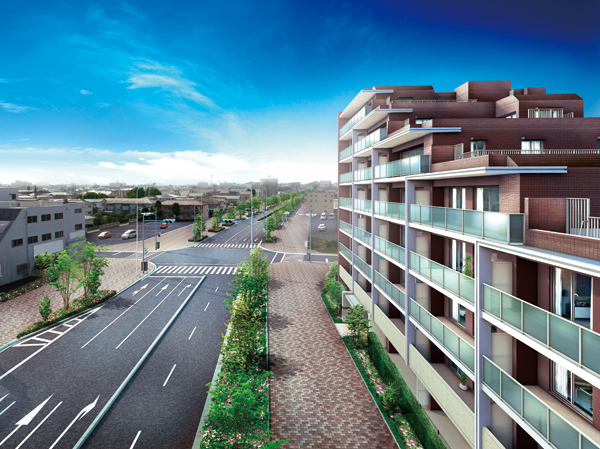 Features of the building.  [Exterior - Rendering] Spacious sidewalk width 10m, Widening construction ( ※ ) Birth facing the "Musashisakai Street" that is to progress. It is a beautiful form that becomes a landmark of the new cityscape.