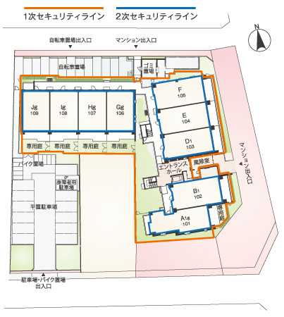 Security.  [Meet the peace of mind of the family, Build a double security line] Advance to prevent the suspicious person intrusion by the auto lock provided in the entrance, Also build a second security line before each floor of the entrance. We will deliver the lives of security that has been subjected to double can be peace of mind to the people you live. (Security line conceptual diagram)
