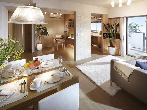 Room and equipment. living ・ In Western-style partition adjacent to the dining, Adopted a slide wall. The spacious living room you open the partition. By living the way, Is a space relaxation is likely that you can arrange the space. (living ・ dining / Model Room C type)
