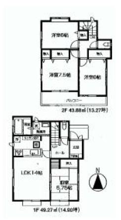 Floor plan. (Building 2), Price 44,200,000 yen, 4LDK, Land area 123.5 sq m , Building area 93.15 sq m