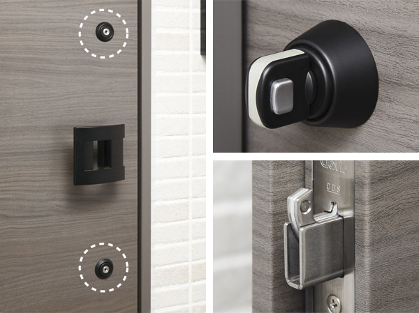 Security.  [Entrance door] Was installed a lock on the two units at the top and bottom "double lock" (left), Making it difficult to invasion by thumb once to invade by turning the dwelling units inside of the locking knob "crime prevention a thumb-turn" (upper right), Making it difficult to pry open the front door due to bar entrance door which adopted the "sickle dead lock" (lower right). (Same specifications)