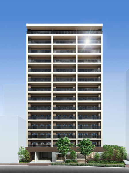 Buildings and facilities. Lattice-like grid lines that draw a beautiful shade. Rich look shine in streets. Stylish appearance that stand out are evenly laid out an off-white line. It portrays a beautiful contrast with the glass balcony railing across the color film to block the line of sight, Shade, such as the sculpture will be beautifully matched to the streets. (Exterior view)