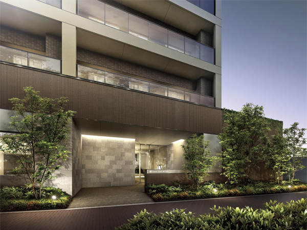 Buildings and facilities. Entrance provided facing the Mitaka Street. Avoid the line of sight from the outside in the crank the approach, It has extended the privacy of. Deep shades of earth tones of the tile on the first floor of the facade, Subjected to a pale lime stone in the interior, The contrast of light and shade has claimed a unique presence. (Entrance Rendering)
