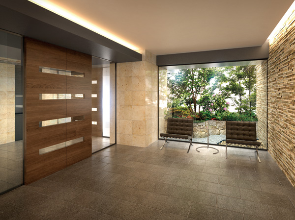 Shared facilities.  [Entrance Hall Rendering CG] It brought in from the streets to go to the common areas, The waiting there, Time wrapped in silence. And it deepens restful sign. While in a building, The color of the entrance of the trees and plants, We along with a color to the space.