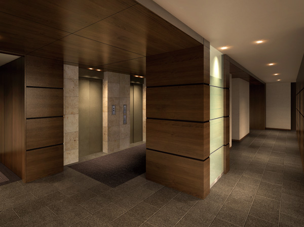 Shared facilities.  [Elevator Hall Rendering CG] Of course, the face of the house, such as the appearance and the outside structure, To all of the space leading to the entrance and elevator hall, It has adopted the material that was piled up one point carefully one point. The dignity and calm that is felt suddenly, this, There is sticking.