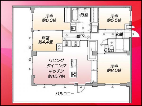 Floor plan. 4LDK, Price 44,900,000 yen, Footprint 93.6 sq m , Balcony area 43.35 sq m
