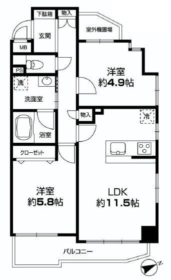 Floor plan. 2LDK, Price 48,800,000 yen, Occupied area 57.76 sq m , Balcony area 6.09 sq m