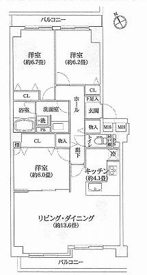 Floor plan. 3LDK, Price 45,800,000 yen, Footprint 85.8 sq m , Balcony area 12.3 sq m
