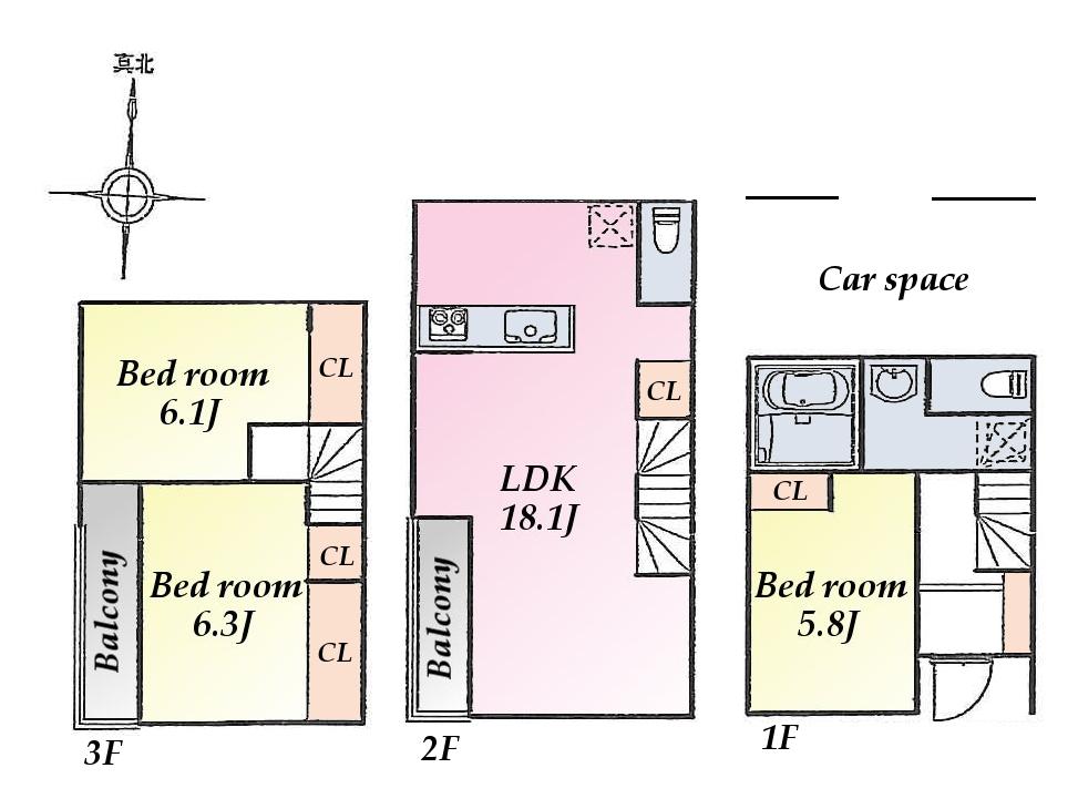 Building plan example (floor plan). Building plan example (A) 3LDK, Land price 43,065,000 yen, Land area 48.93 sq m , Building price 12,735,000 yen, Building area 96.38 sq m